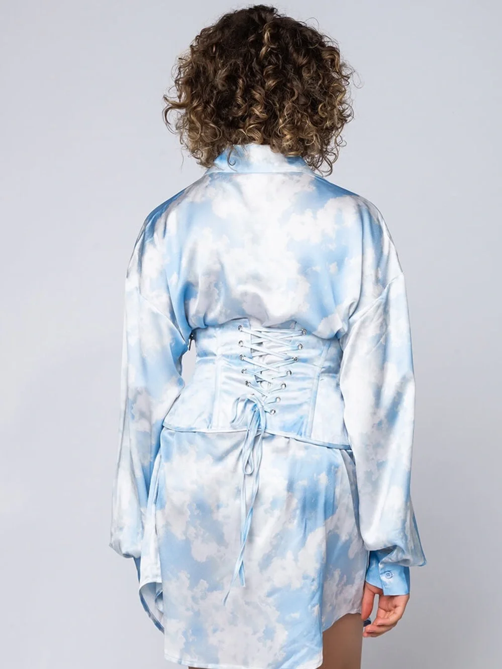 AKIRA Sky-Print Satin Corset Dress in Light Blue